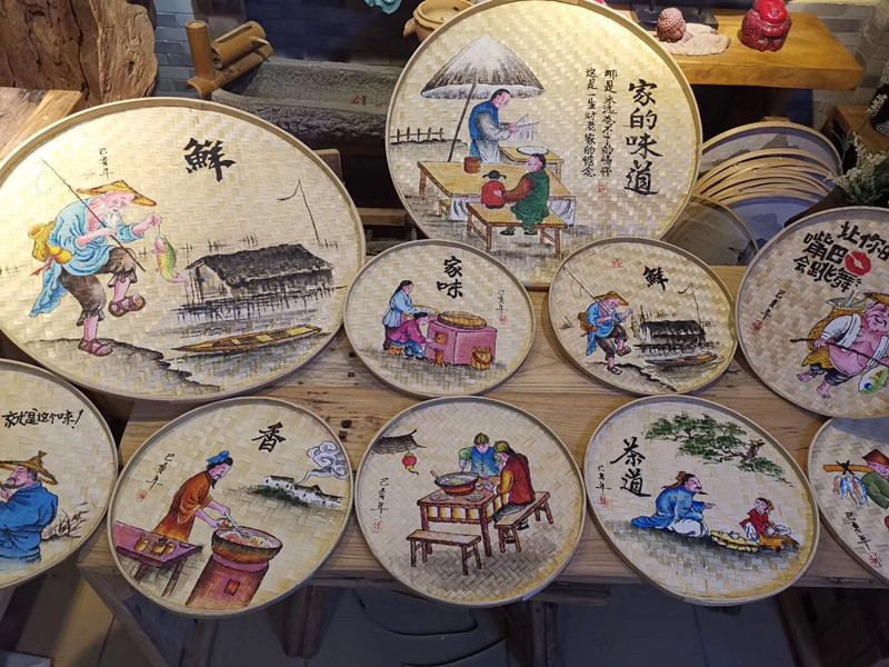 竹编装饰绘画圆竹簸箕无孔竹筛子成品画匾茶室农家乐竹吊顶竹装饰