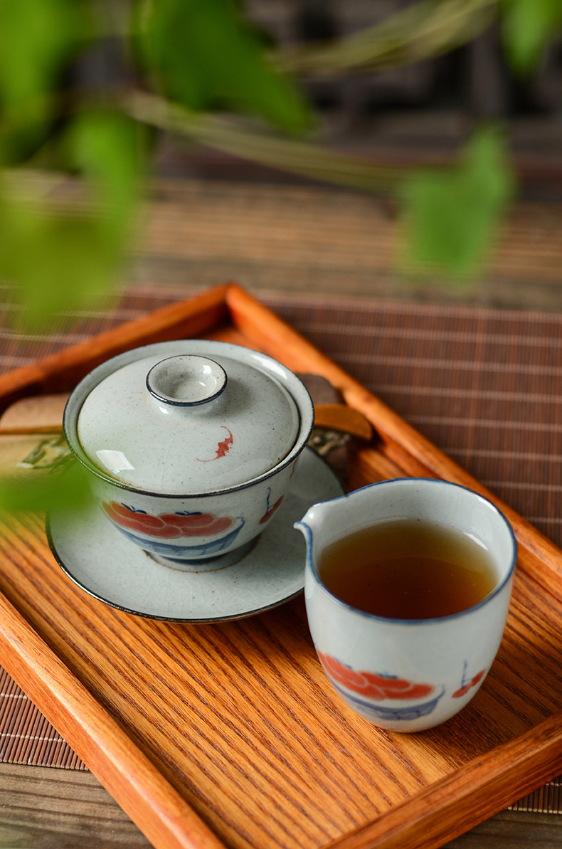 手绘青花事事如意盖碗 粗陶复古盖碗茶杯 景德镇陶瓷泡茶碗 古朴