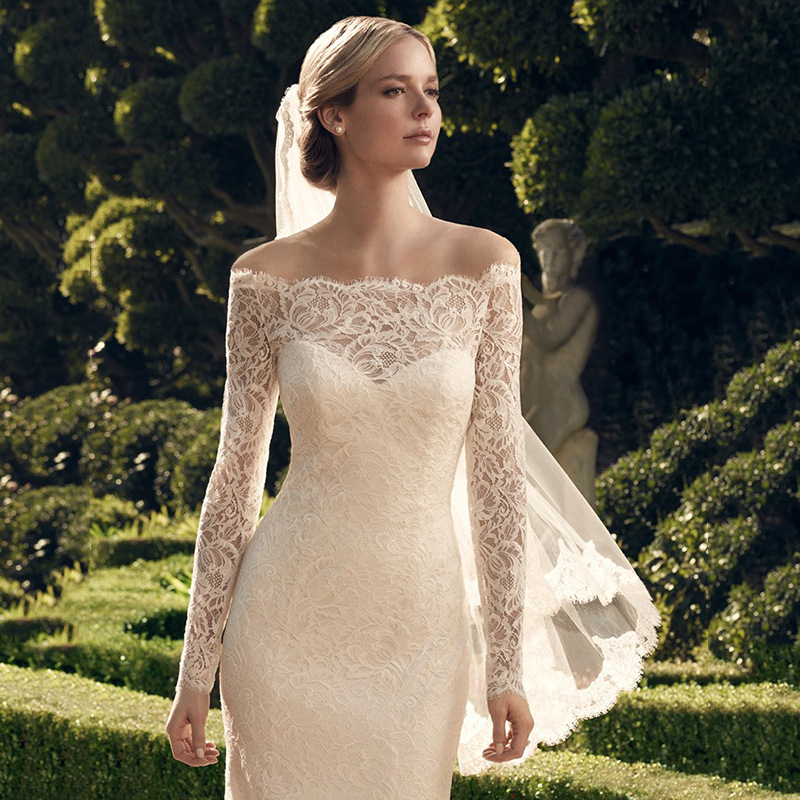 一字肩蕾丝透视婚纱小拖尾鱼尾修身显瘦婚纱白色长袖简约新娘婚纱