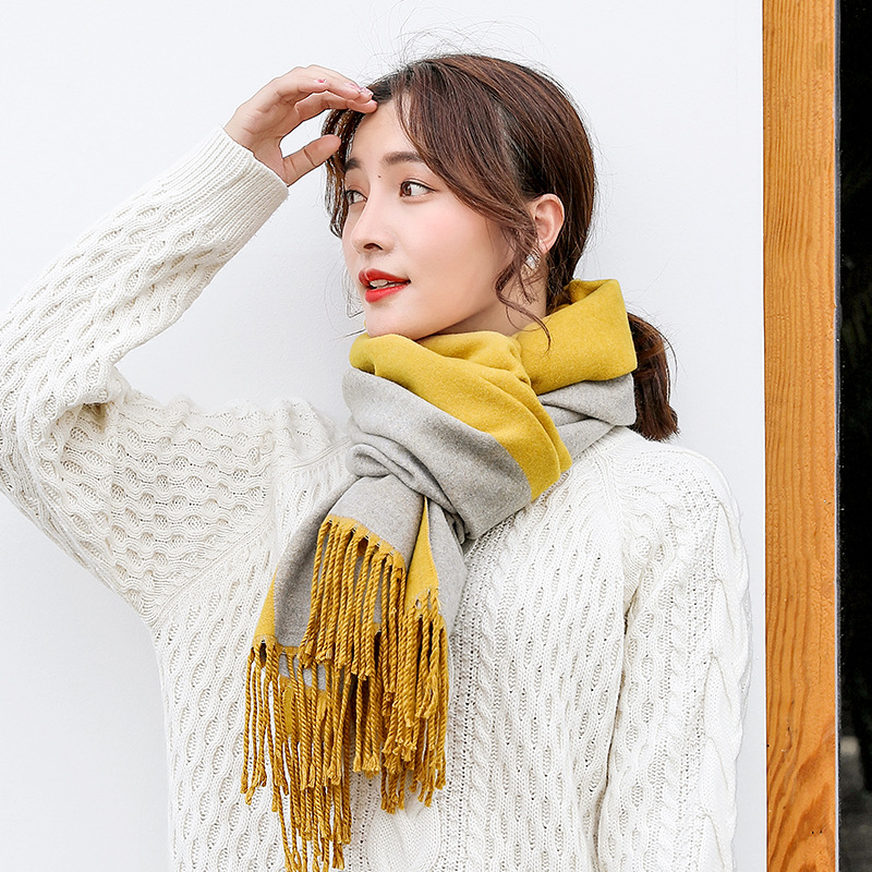 Cashmere Scarf Winter British Style Double-Sided Two-Color Long Tassel Shawl Check Pattren All-Match Scarf for Women Autumn and Winter