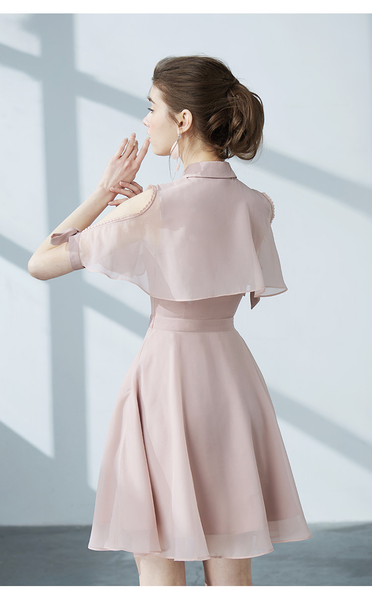 春夏季露肩连衣裙名媛气质chic粉色裙复古初恋收腰裙子女k68089