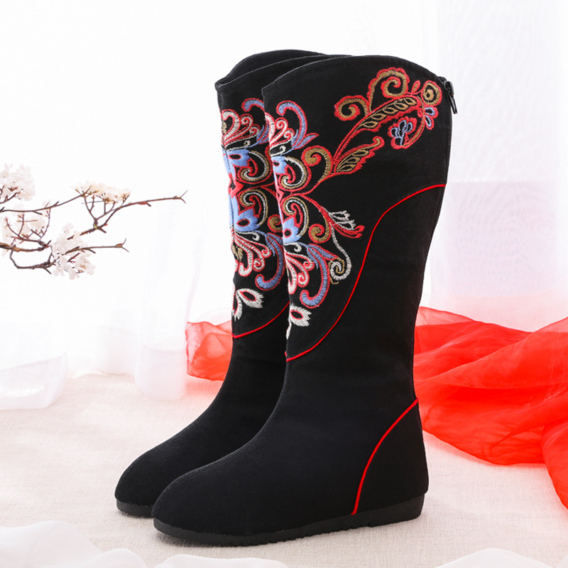 舞绣缘 凤尾花靴 2017秋冬新款单靴绣花老北京女单鞋布靴橡胶底