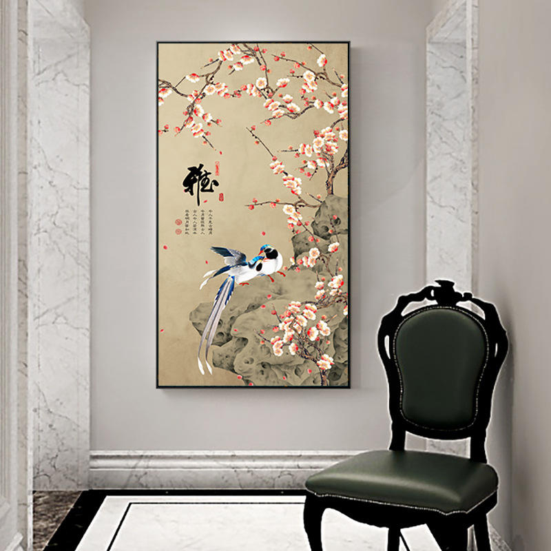 玄关装饰画过道竖版新中式银杏叶喜鹊走廊古风日式大幅中国风挂画