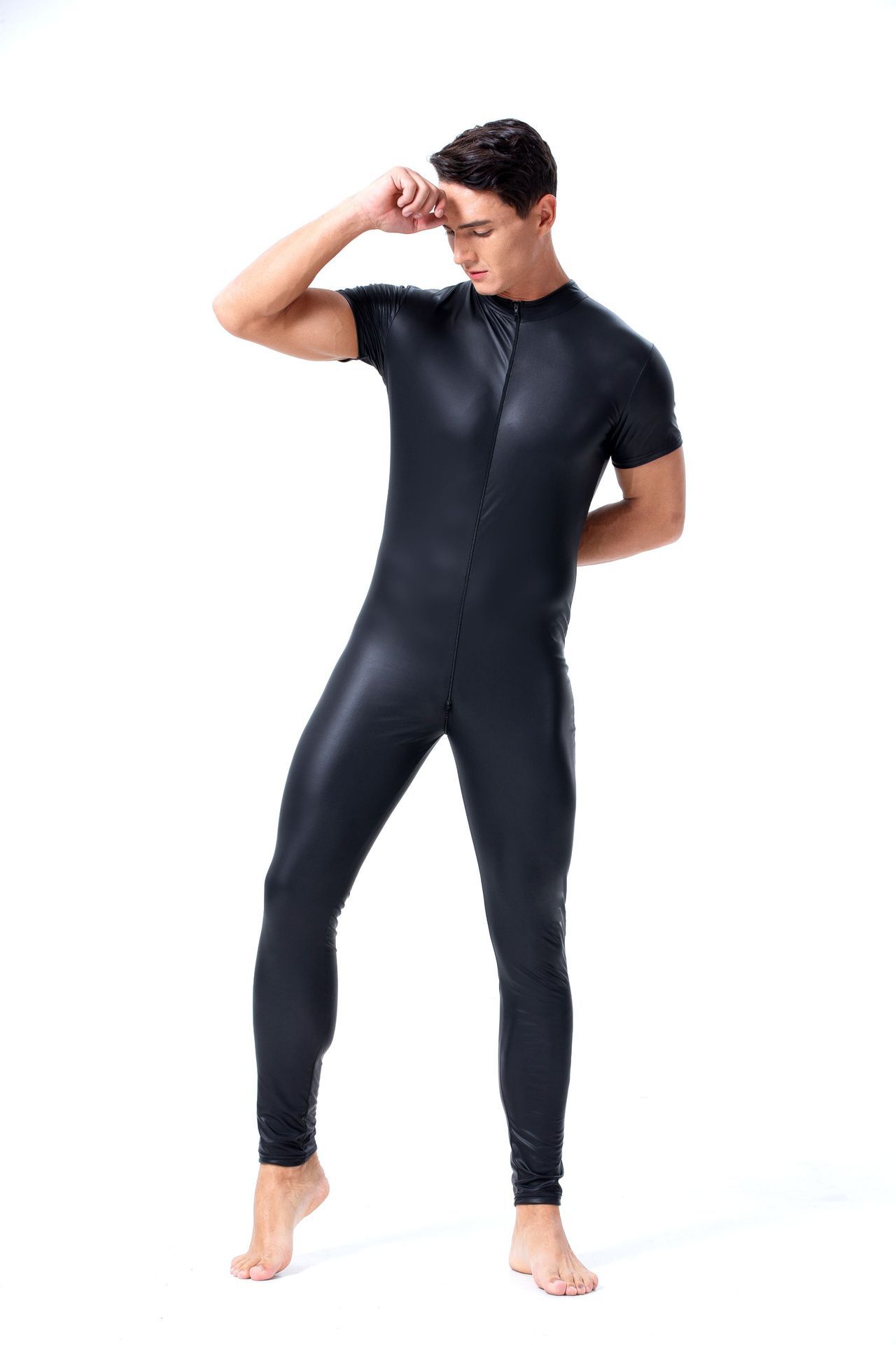 欧美性感男士紧身连体衣开裆夜店舞台ds演出服仿皮装漆皮双拉链头