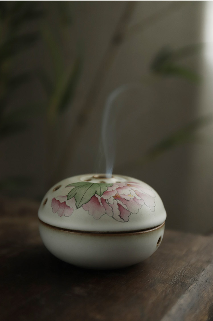 景德镇全手工拉坯陶瓷新彩手绘牡丹香炉 日式古朴禅意陶艺盘香炉