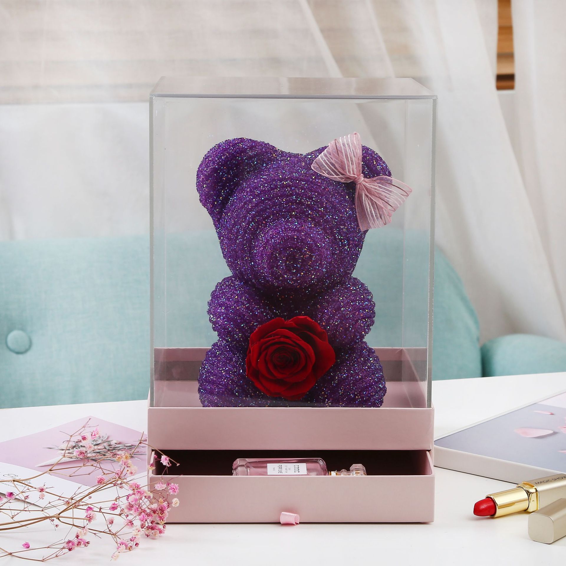 七夕爆款钻石永生花小熊精美亚克力盒包装
