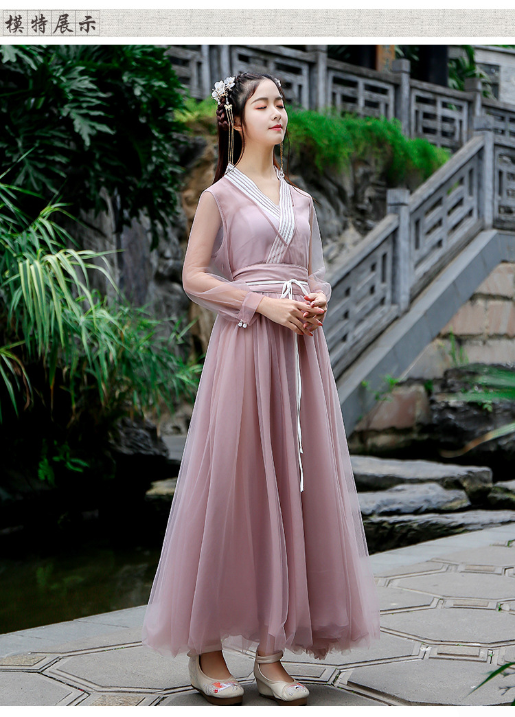 2019新款复古文艺古风改良汉服长裙系带飘逸大摆收腰网纱连衣裙