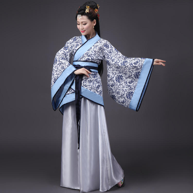 新款汉服青花瓷女款秦汉双绕曲裾襦裙古典成人礼影视剧舞台装
