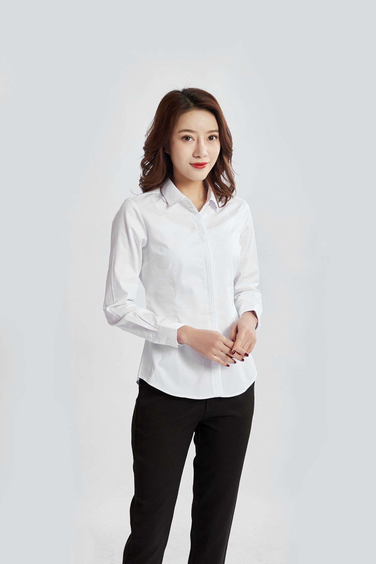 春纯棉褶皱暗门襟女式职业装衬衫工作服方领韩版长袖白色面试衬衣