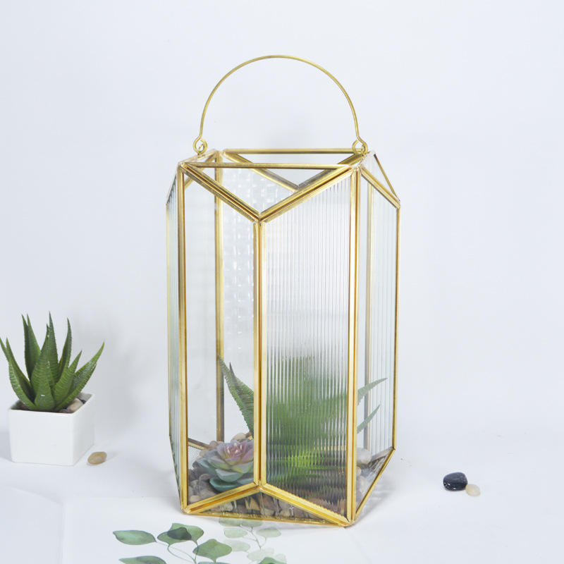 铜色八边型手提水晶玻璃花房风灯 欧式摆件 玻璃罩灯创意工艺品