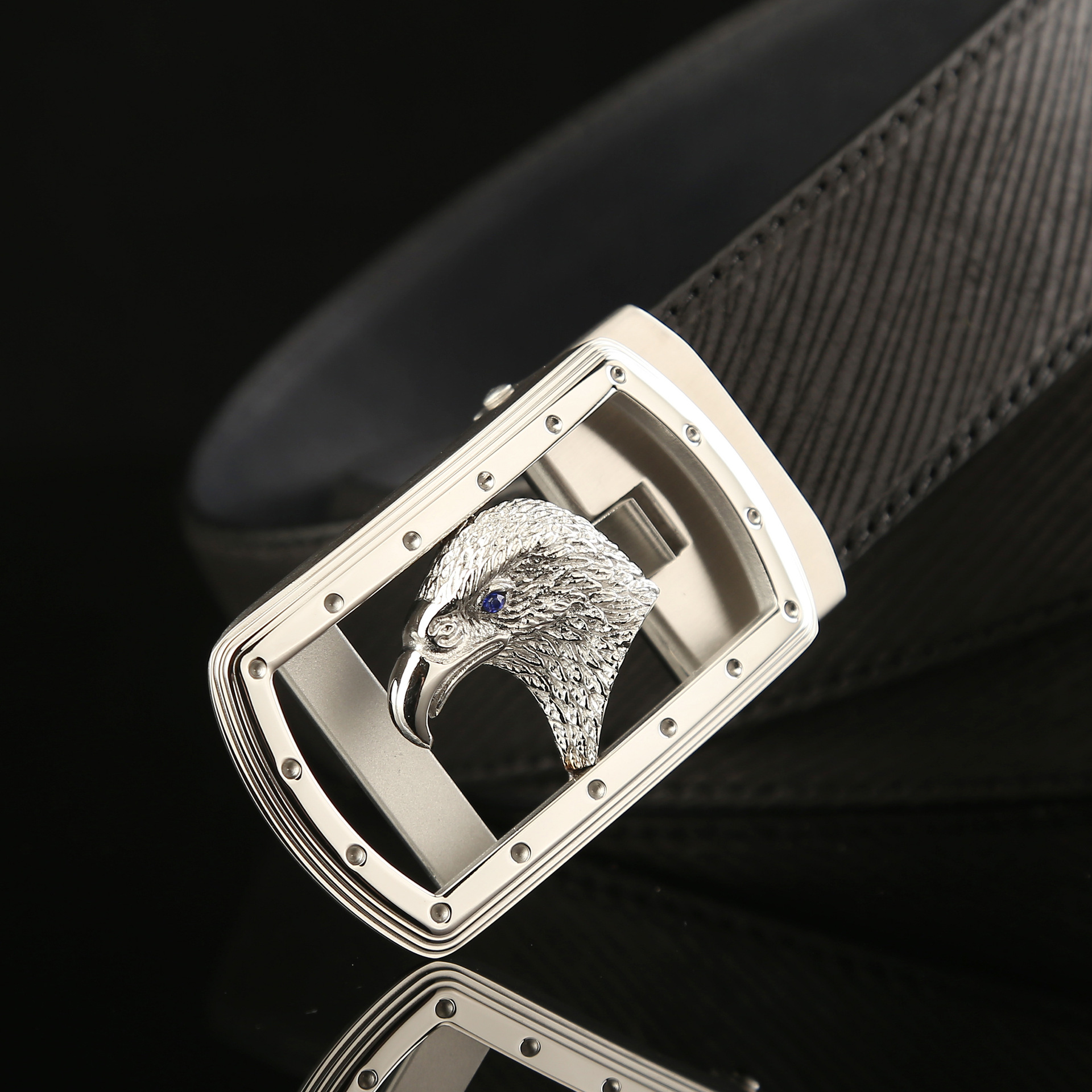 5男士不锈钢自动扣皮带 黑色头层水波纹牛皮腰带 高档真皮皮带