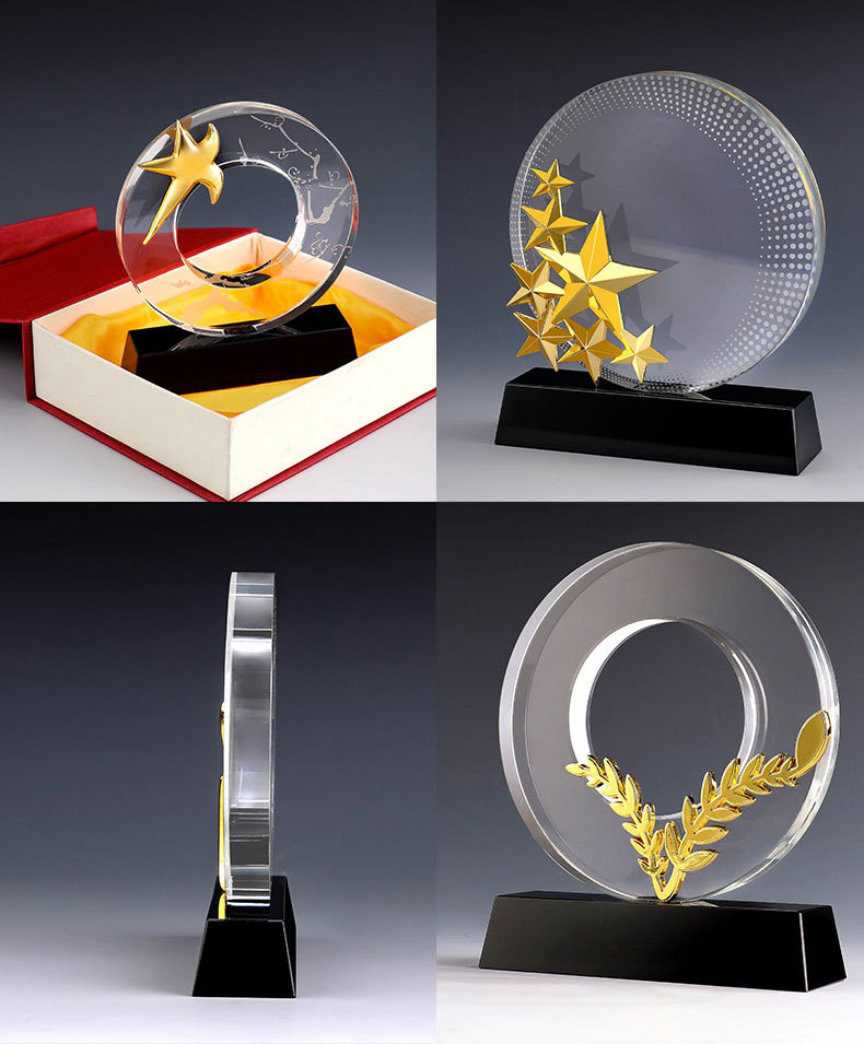 圆形奖杯创意diy水晶水晶工艺品奖牌 五星奖牌工艺品批发