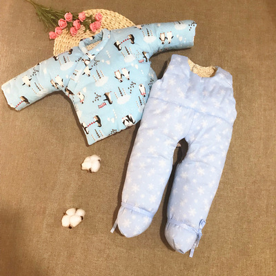 棉花宝宝手工棉衣新生儿婴儿衣服套装冬加厚保暖包脚连脚秋冬