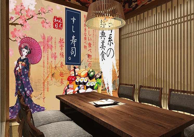 3d仕女图壁画日式料理店餐厅日本寿司居酒屋壁纸ktv酒店背景墙纸