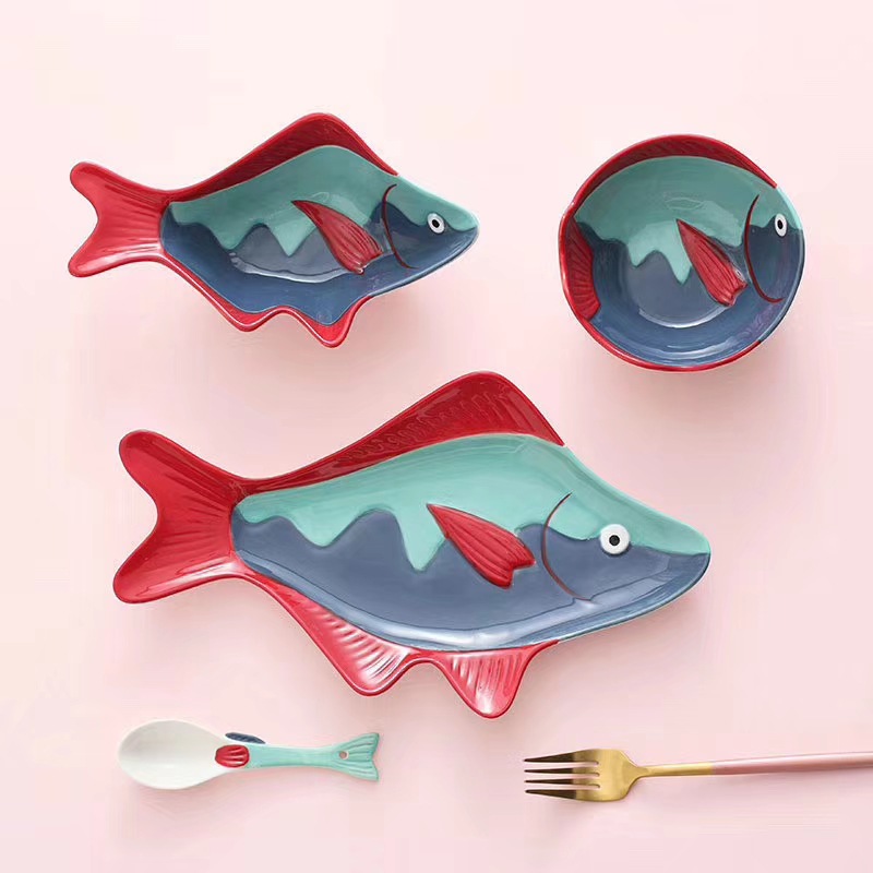 Japanese Ceramic Tableware Baby Children's Rice Bowl Noodle Bowl Creative Fish Shape Plate Douyin Online Influencer Household Fish Dish