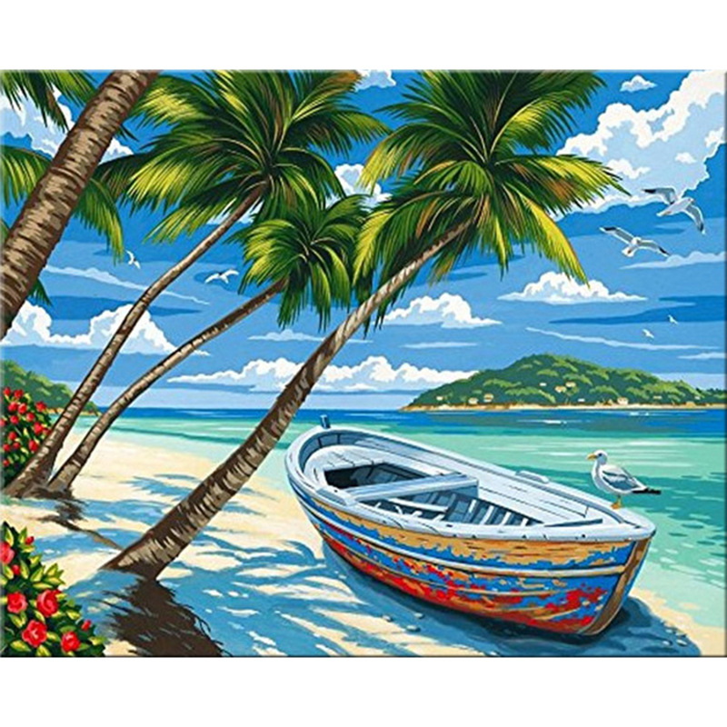厂家批发新款满钻钻石画 海边小船 简约卧室客厅2019点贴钻十字绣