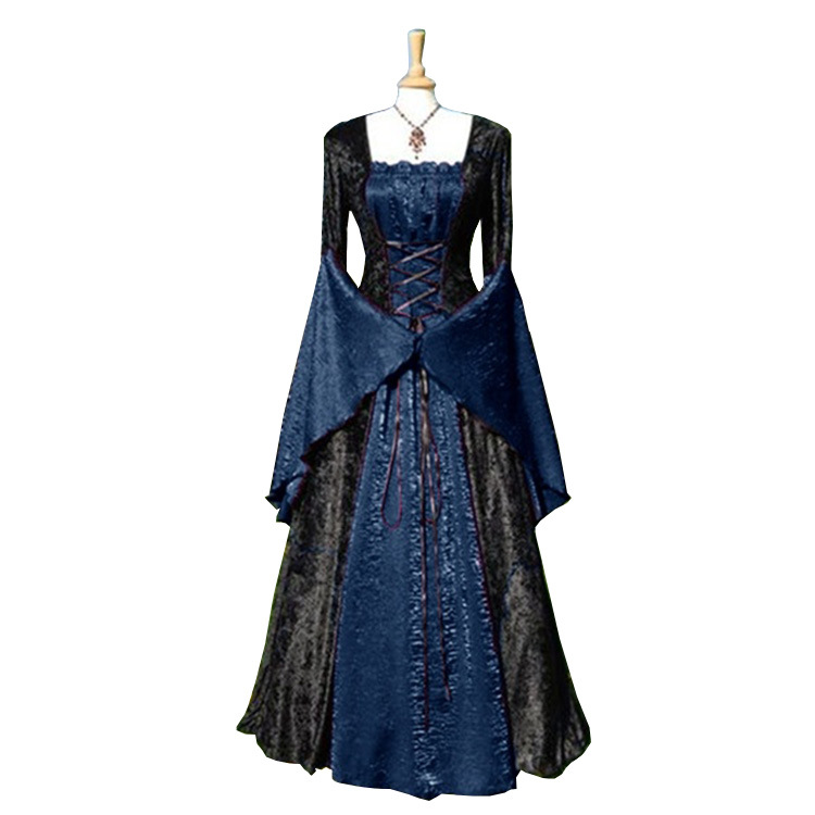 2019欧美中世纪复古系带喇叭袖撞色宫廷连衣裙pp1787外贸款 wish