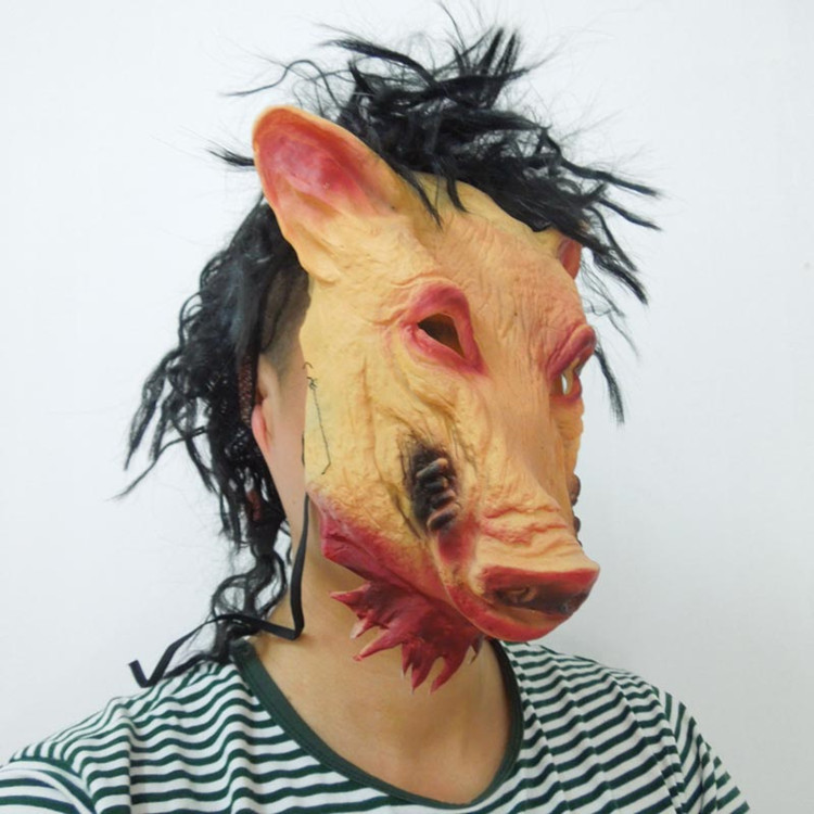 万圣节道具电锯惊魂3猪八戒面具带发半脸猪头面具恶搞恐怖鬼面具