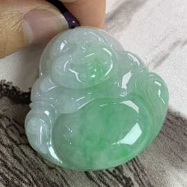 翡翠微笑佛公弥勒佛挂坠饰品 冰种飘绿玉石翡翠弥勒佛玉雕像吊坠