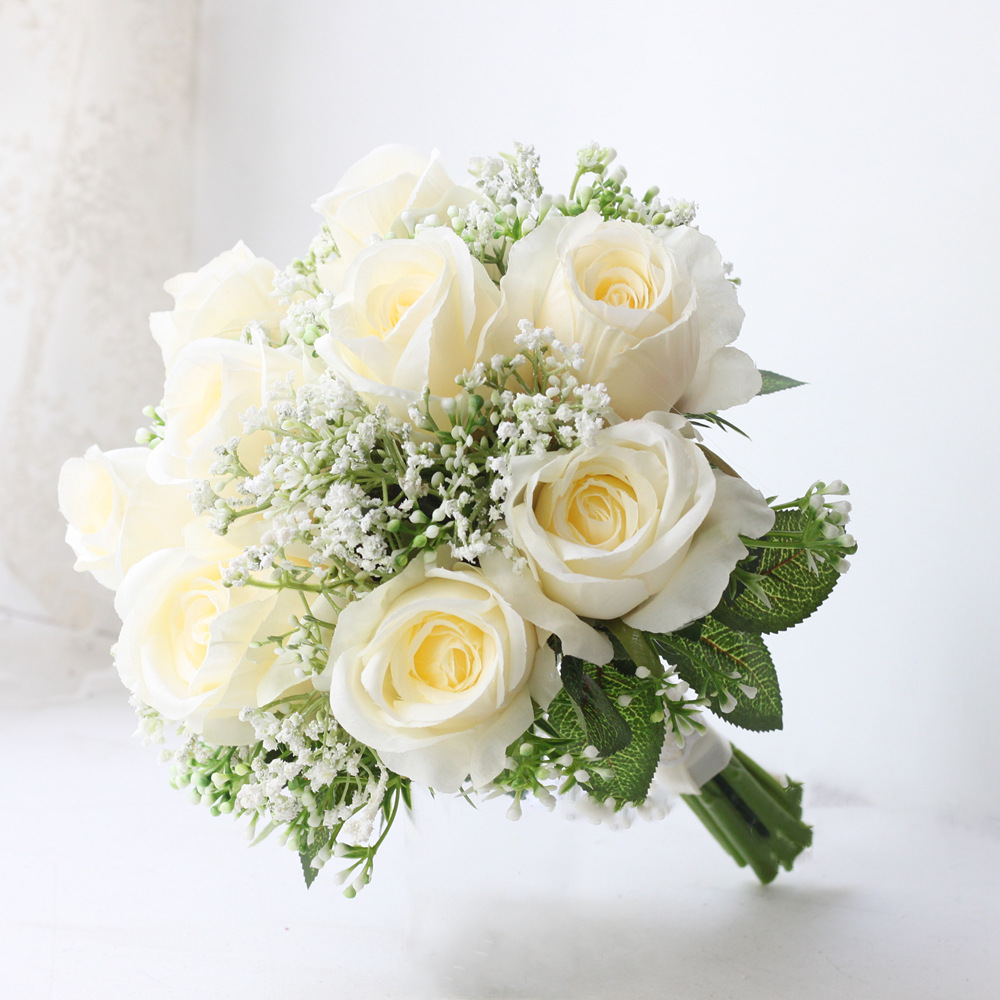 新娘结婚婚礼白色玫瑰手捧花批发仿真花束绢花跨境专供mg1402