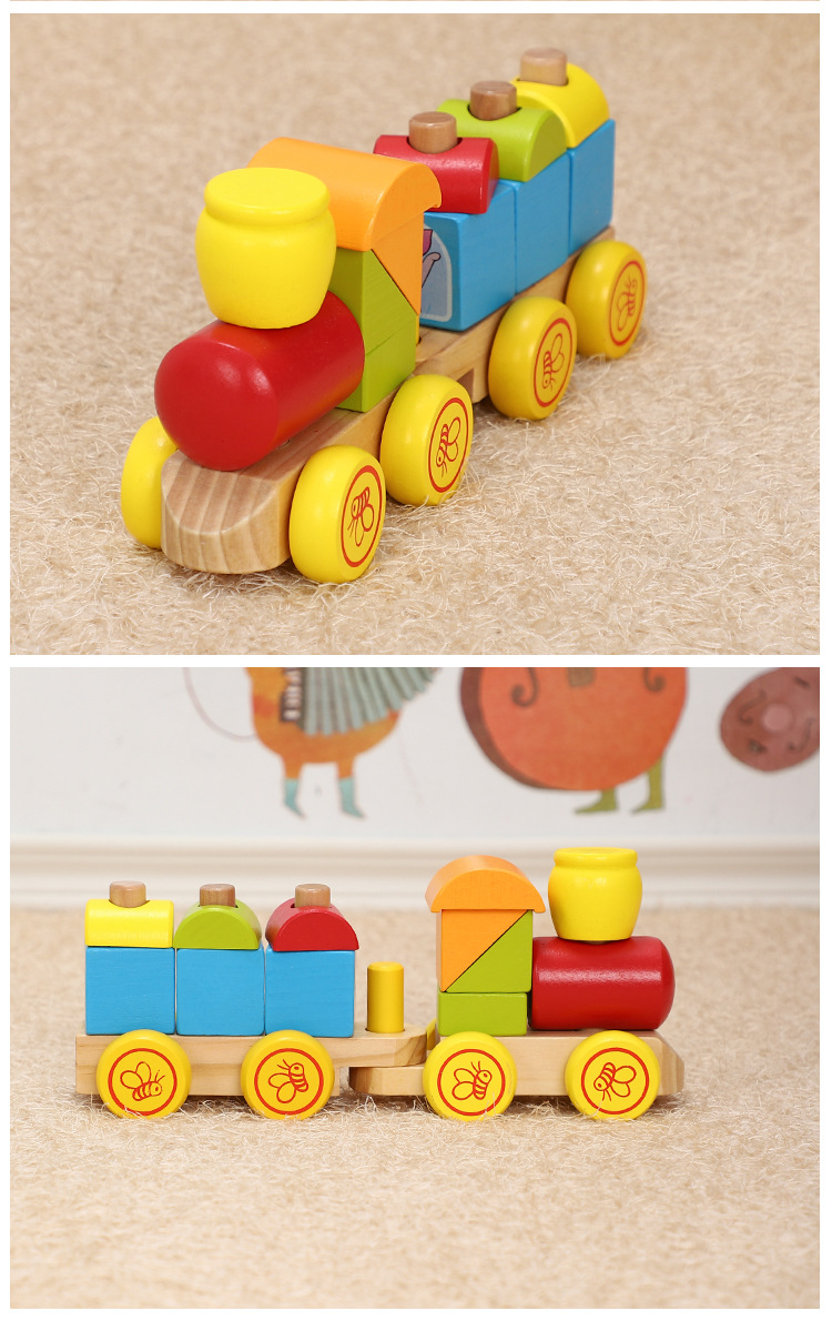 木质积木火车推拉卡通动物 儿童益智早教形状积木套柱玩具