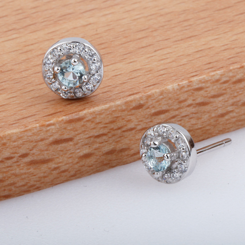 约瑟兄弟银饰 精致小奢华s925纯银韩版微镶水蓝色锆石圆形耳钉