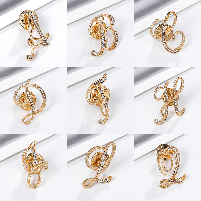 New Letter Brooch Clothing Accessories English Anti-Exposure Artifact Small Titanium Pin Rhinestone-Encrusted Collar Pin Female Brooch