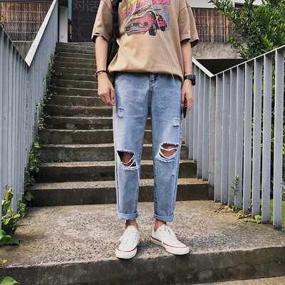 日系潮牌胖子破洞牛仔裤2019夏季男加大码哈伦裤宽松乞丐九分裤