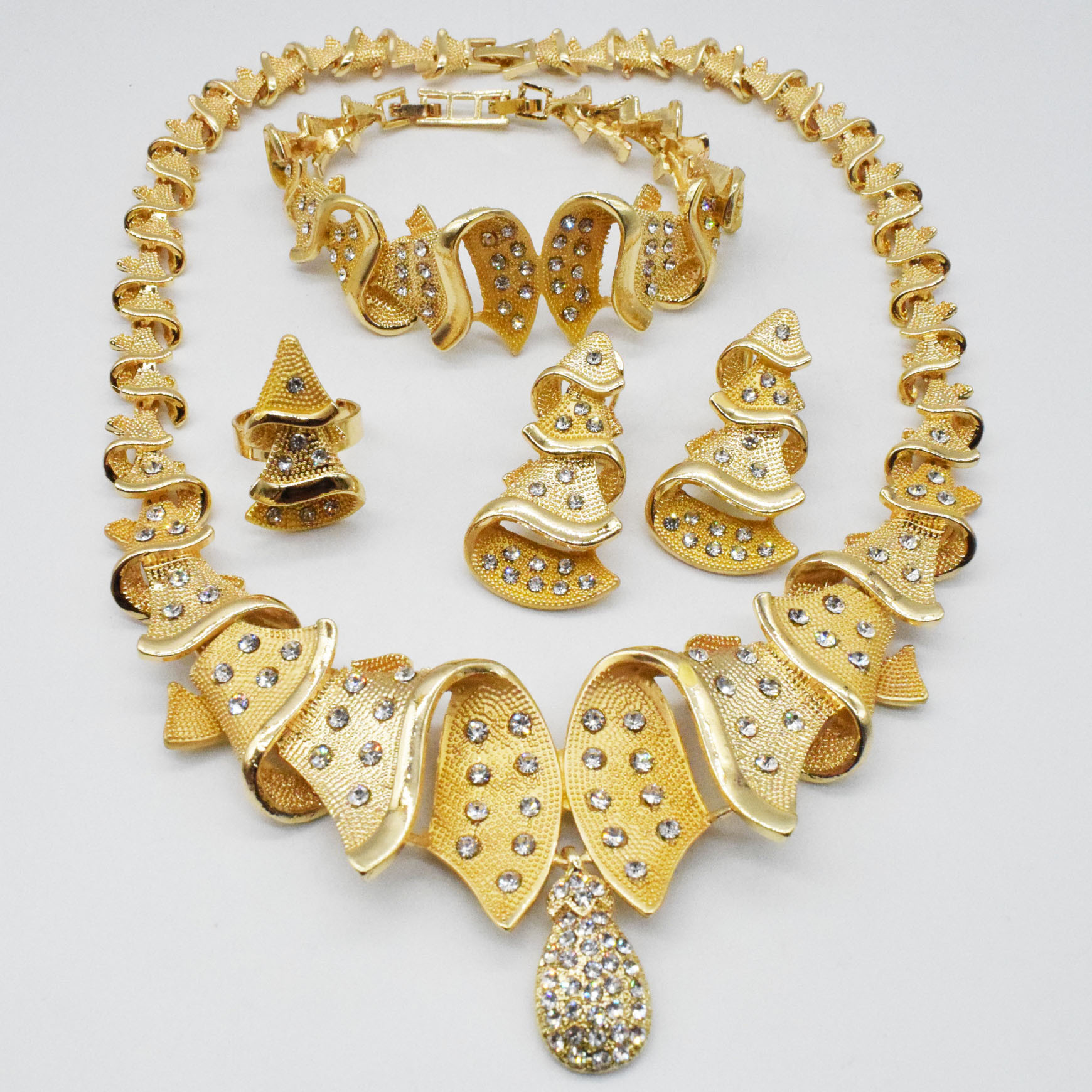 欧美饰品爆款合金首饰套装项链耳环手链戒指厂家货源四件套外贸