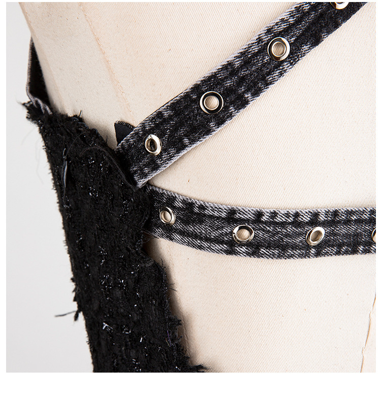 欧洲站~早春新款金属凤眼肩带牛仔拼接花呢伞形露背连衣裙女d1172