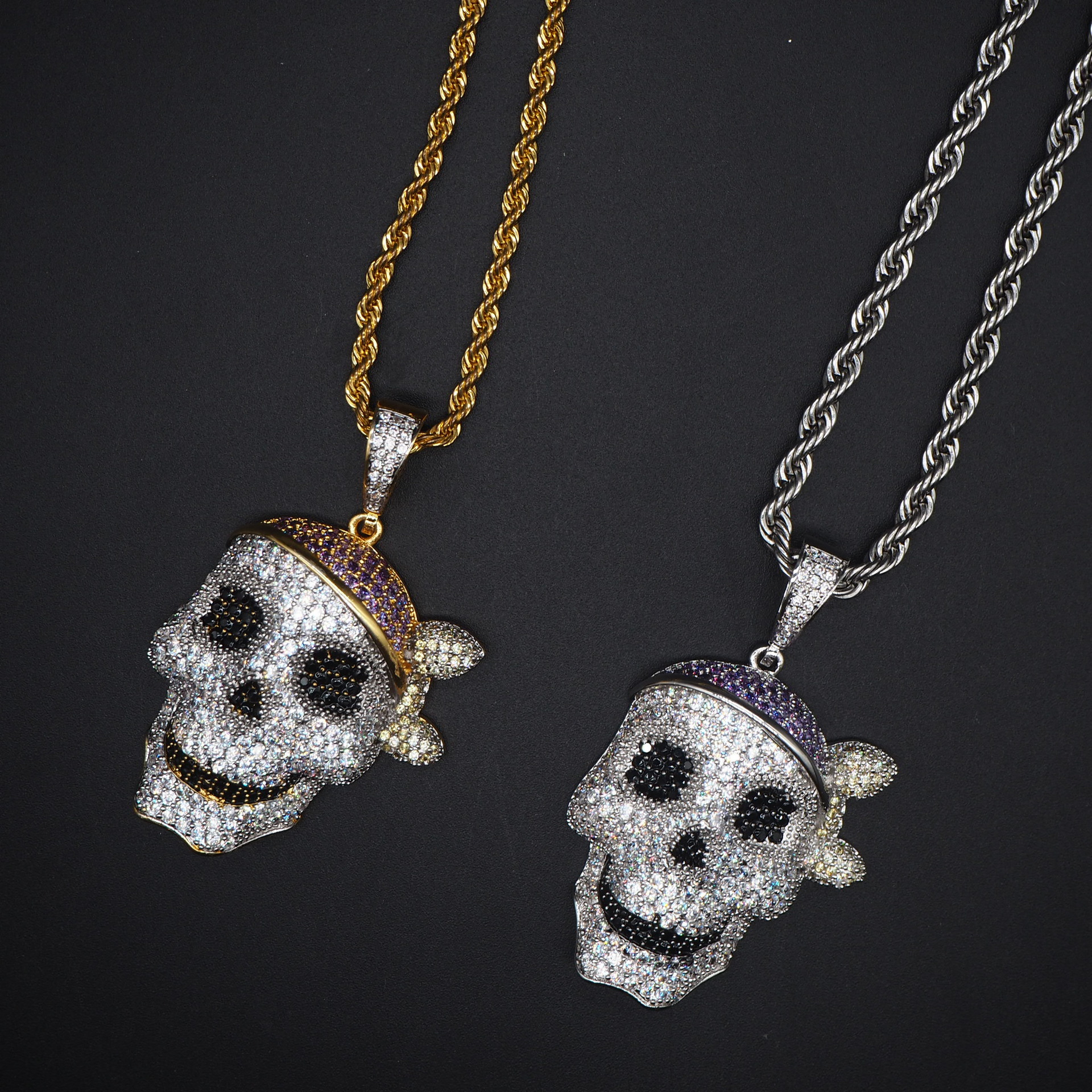 骷髅头嘻哈吊坠项链新品男士欧美风双色说唱潮人街头饰品锆石微镶