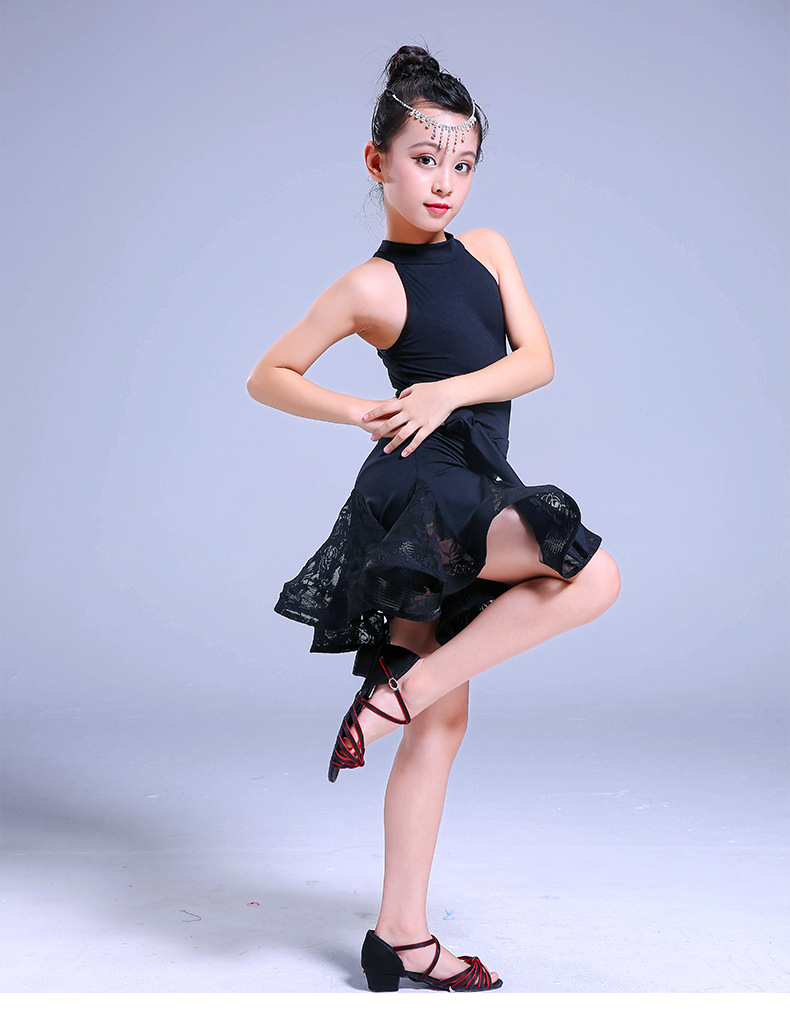 女童拉丁舞裙儿童黑色比赛服中大童练功服拉丁舞服装儿童女孩夏季