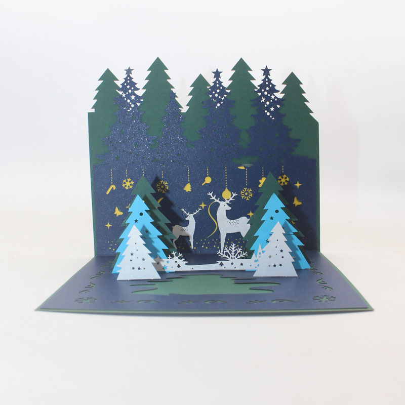 圣诞节日森林鹿创意3d立体贺卡手工剪纸拼装送国外朋友礼物祝福卡