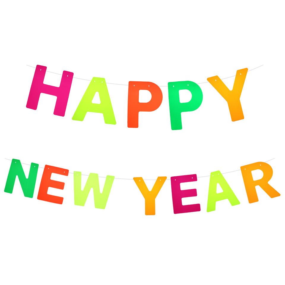 跨境爆款happy new year字母荧光派对拉旗 新年拉花荧光派对装饰