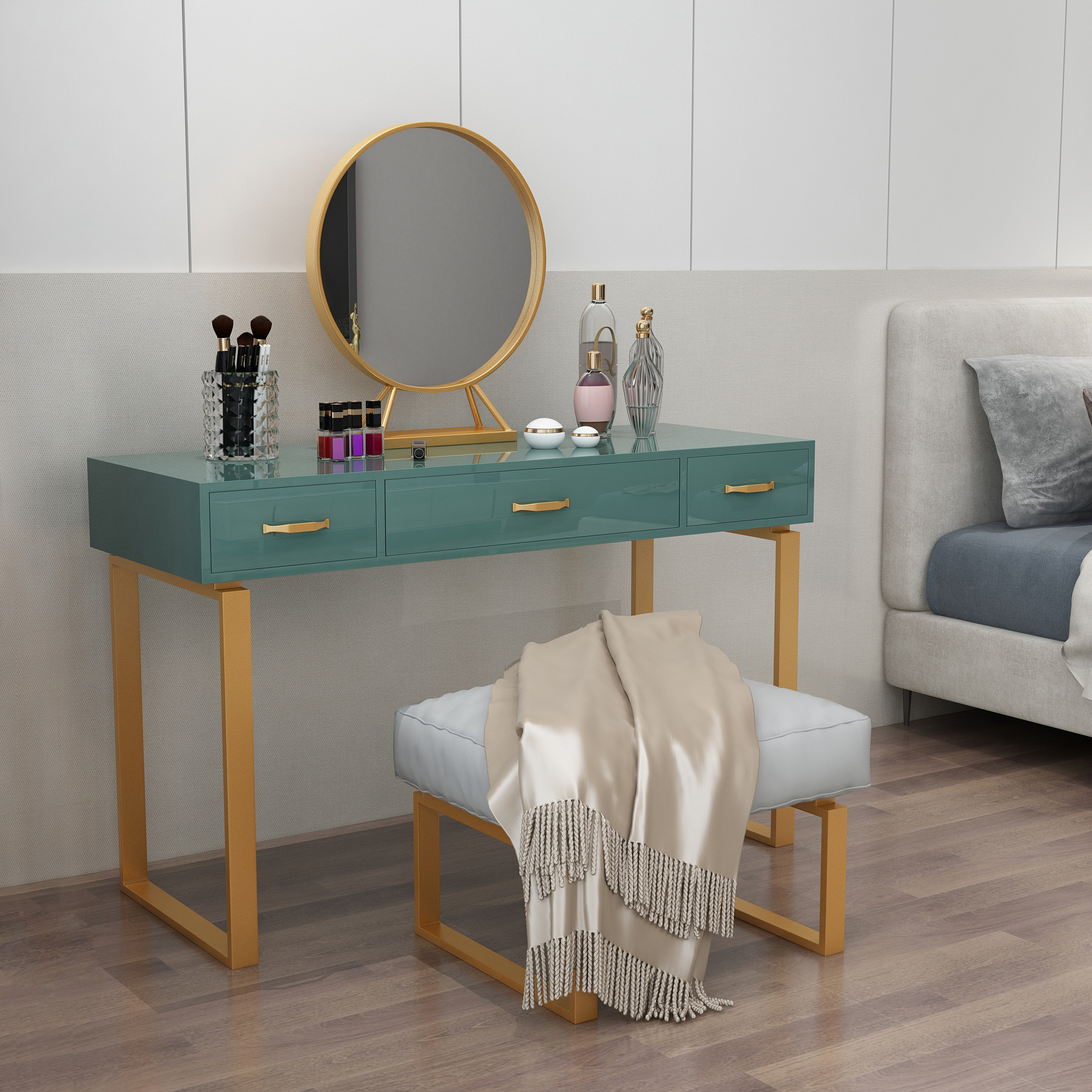 北欧轻奢绿色女神化妆桌成套组合定制家用卧室梳妆台少女风护肤台