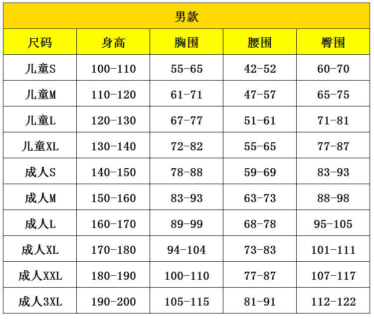 尺码对照表男生穿衣图片