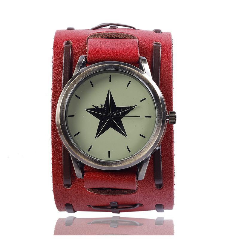 厂家直销多色真皮带手表女士 经典五角星图案合金壳腕表厂家定制
