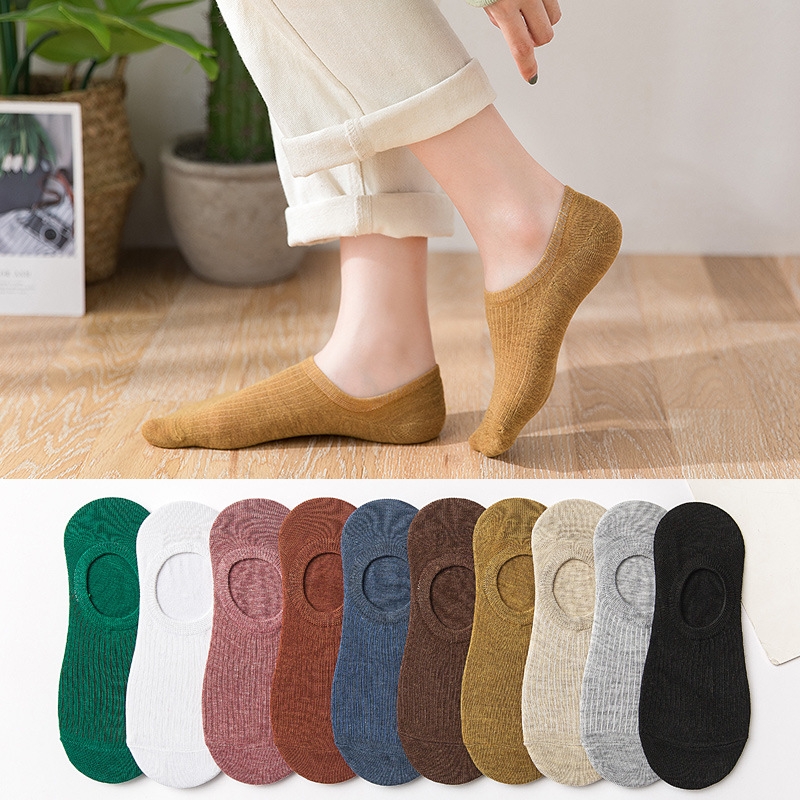 Qianyuan Season Short Socks Full Pure Color Cotton Women‘s Spring and Summer Shallow Mouth Japanese Style Stripe Silicone Non-Slip Invisible Boat Socks