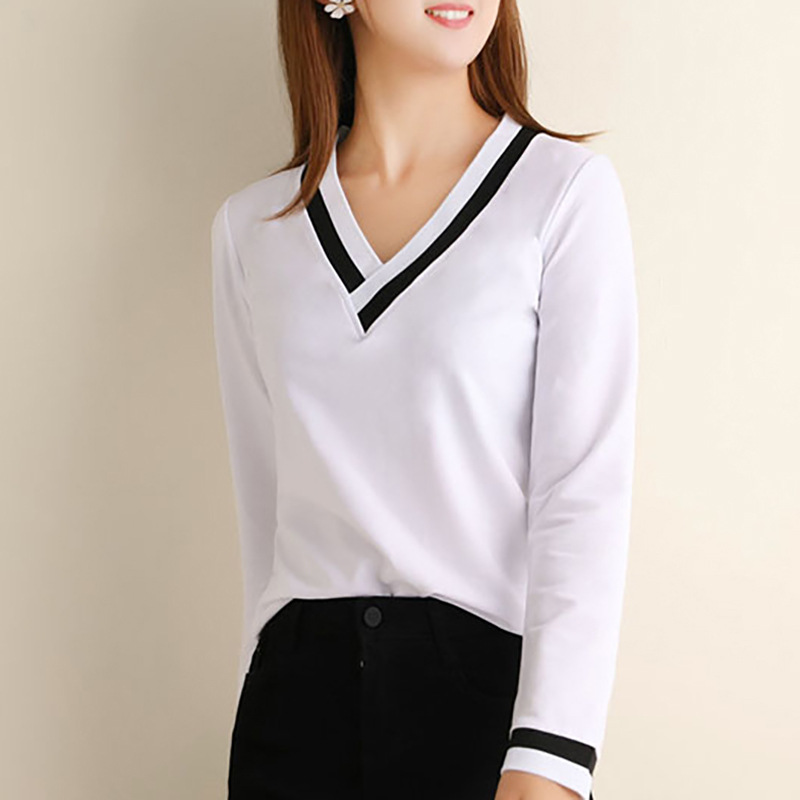 明星同款2019秋季学院纯棉套头v字领修身型女式t恤黑白