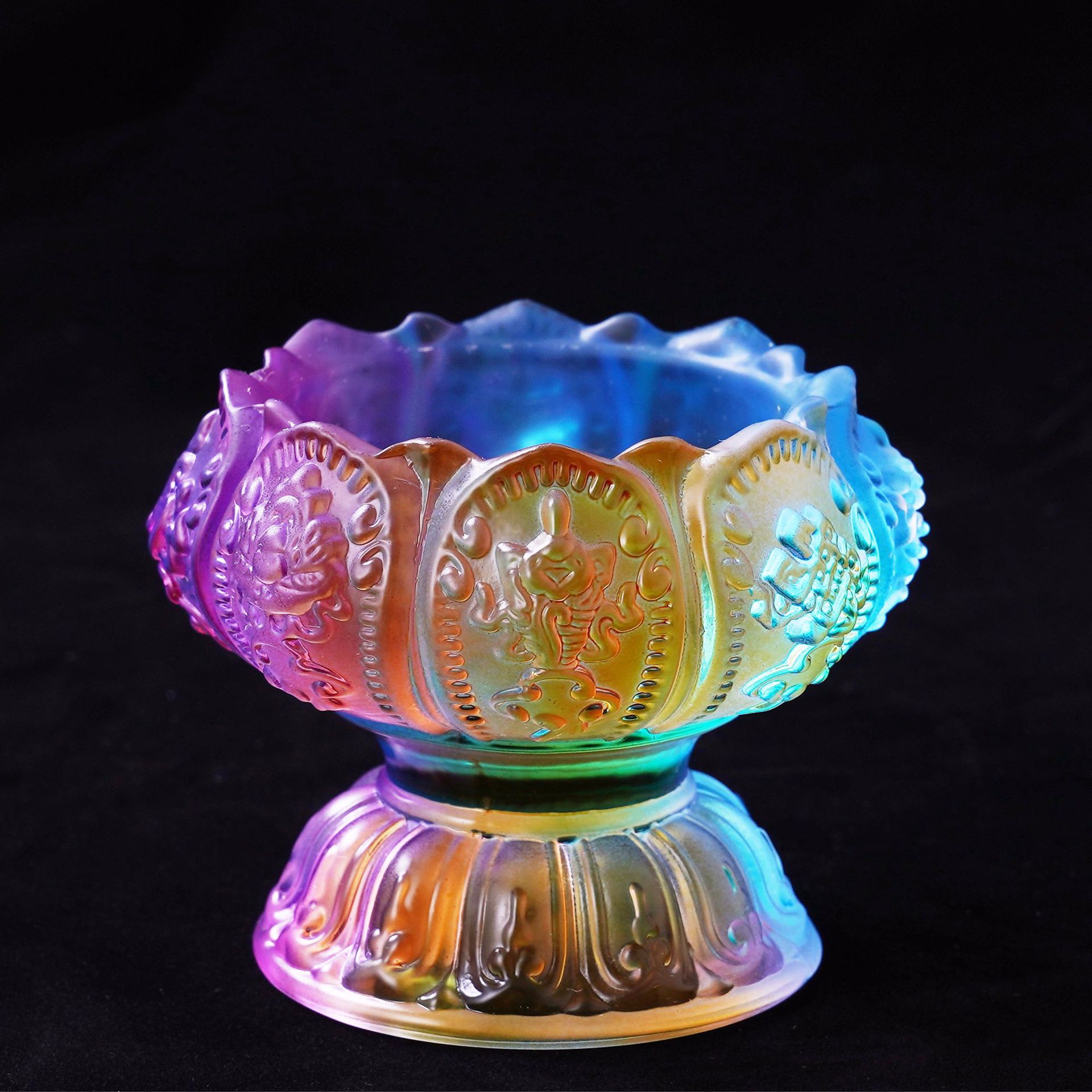 佛具七彩琉璃八吉祥酥油灯座 佛教用品供佛灯水晶烛台摆件批发