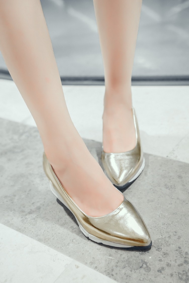 外贸女鞋春夏新款浅口尖头坡跟单鞋女低帮厚底松糕鞋金色银色