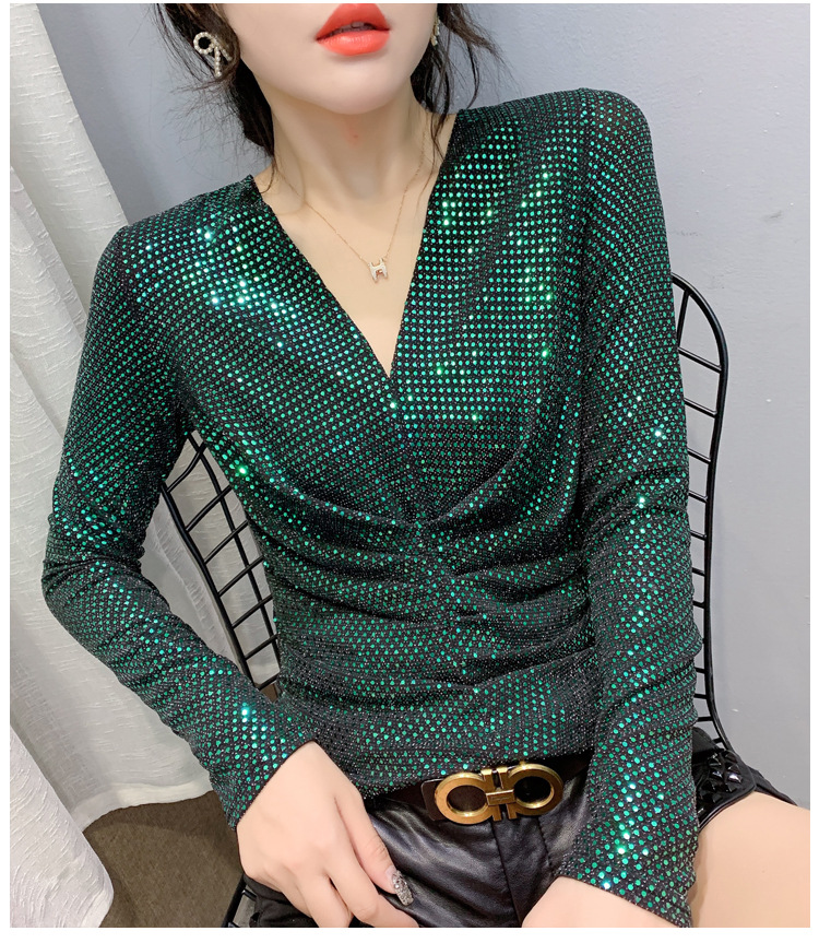 明星款v领百褶皱烫金t恤长袖女闪闪发亮性感蹦迪夜店装亮片上衣酷