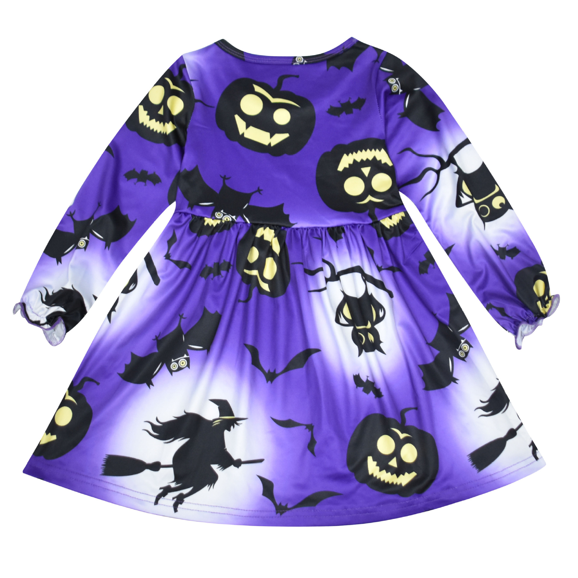 2019万圣节儿童装扮服装 长袖南瓜裙 女巫蝙蝠印花女童连衣裙5910