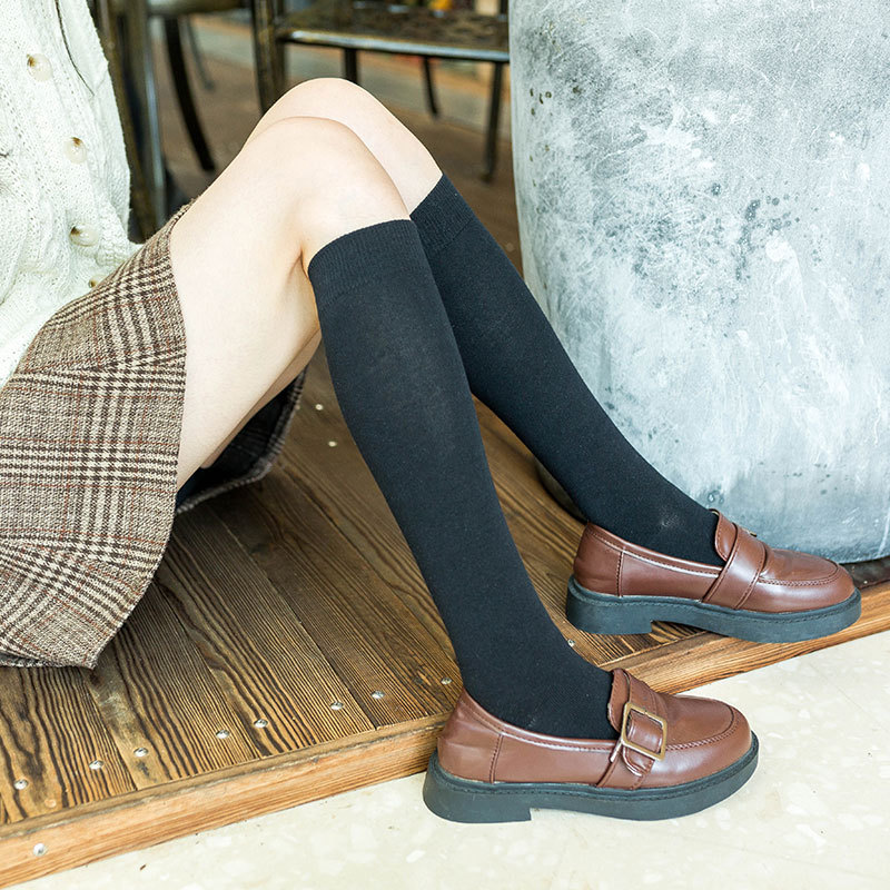 Solid Color Cotton Women's Socks Japanese Color Basic Ins Calf Socks Student Knee-High Black Knee-Length JK Loose Socks