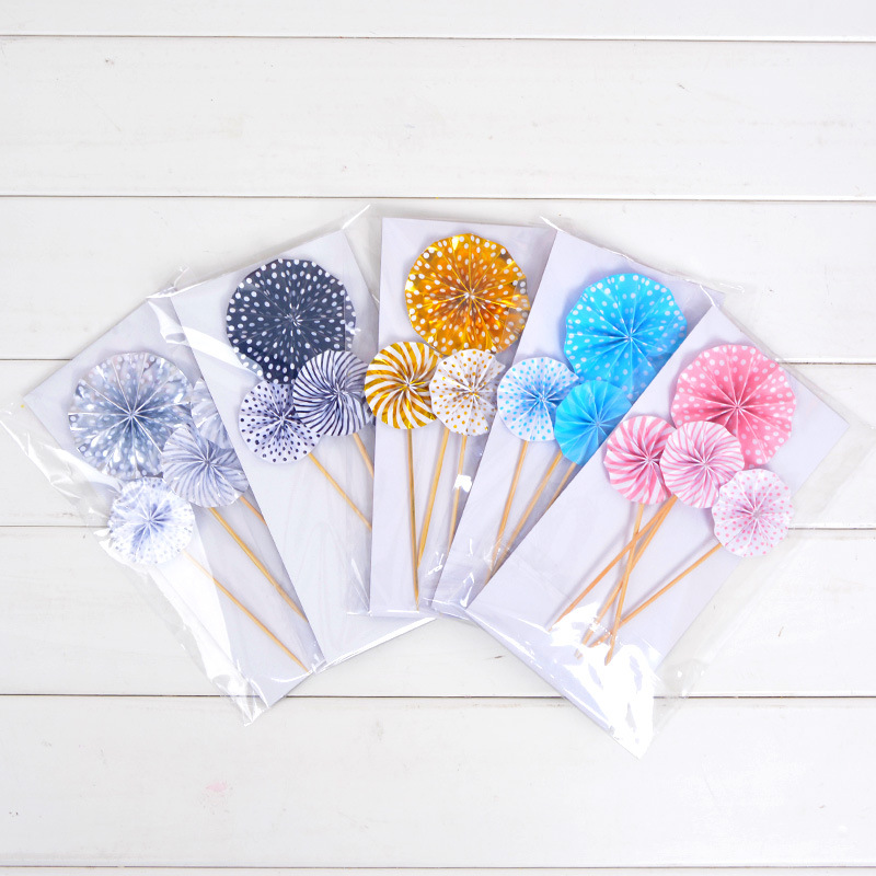 Mini Folding Fan Inserts Shining Golden, Silver and Pink Blue and Black Origami SUNFLOWER Folding Fan Cake Decoration Card 4-Piece Set