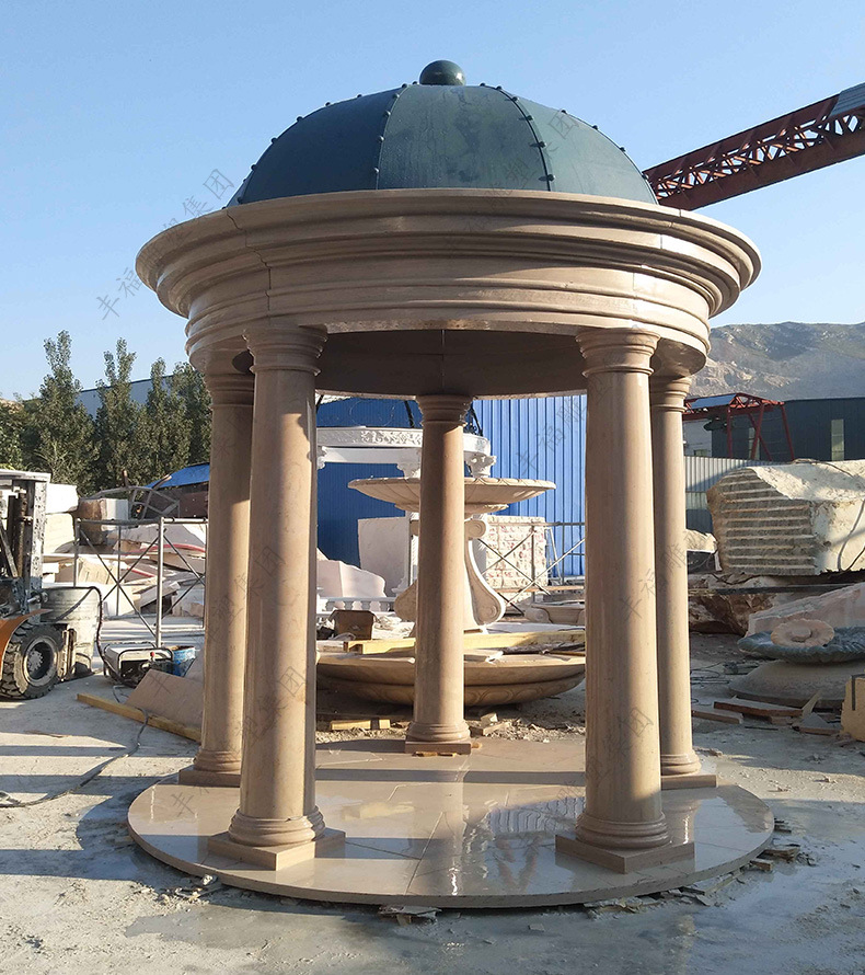 现货石亭子户外圆顶石雕凉亭雕塑晚霞红石头亭子户外园林欧式摆件
