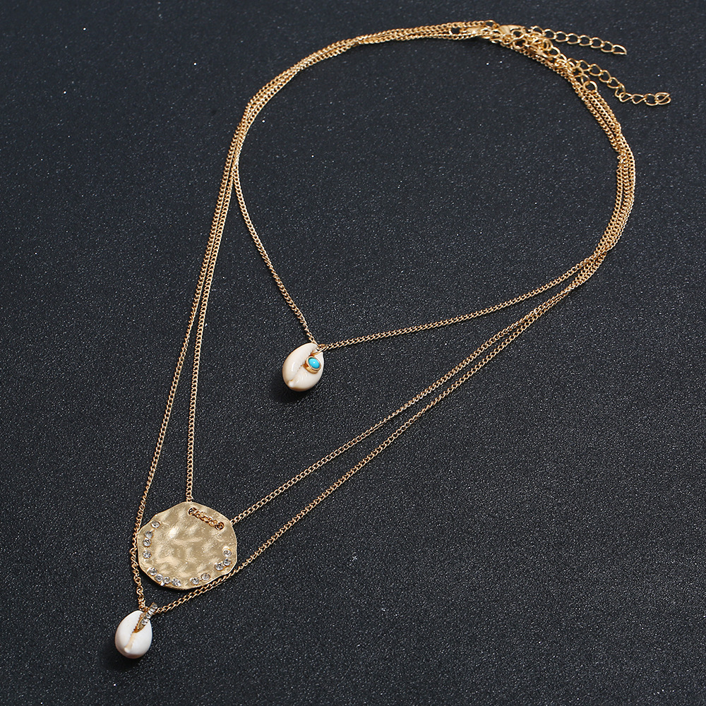 速卖通wish直售 波西米亚项链天然贝壳圆片水钻双层颈链女士佩戴