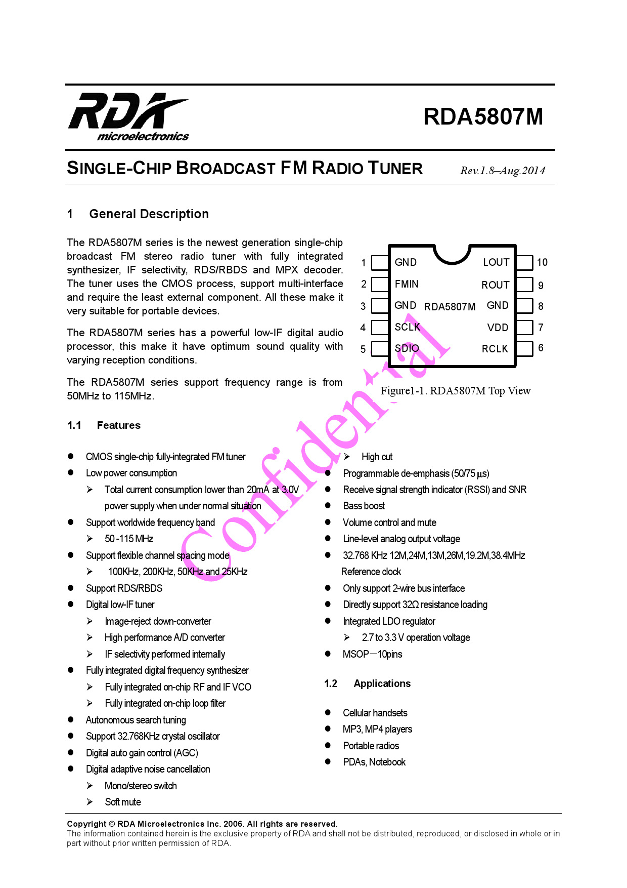 厂家直销rda5807m 无线收发芯片 音频音响fm收音ic 替代rtc6207