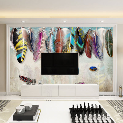 北欧彩色羽毛装饰壁画客厅电视背景墙壁纸沙发卧室3d立体无缝墙布