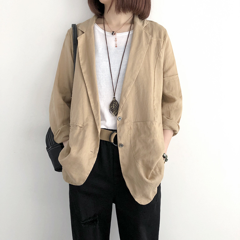 2022春季棉麻西装外套女新款宽松大码纯色气质休闲亚麻显瘦上衣潮